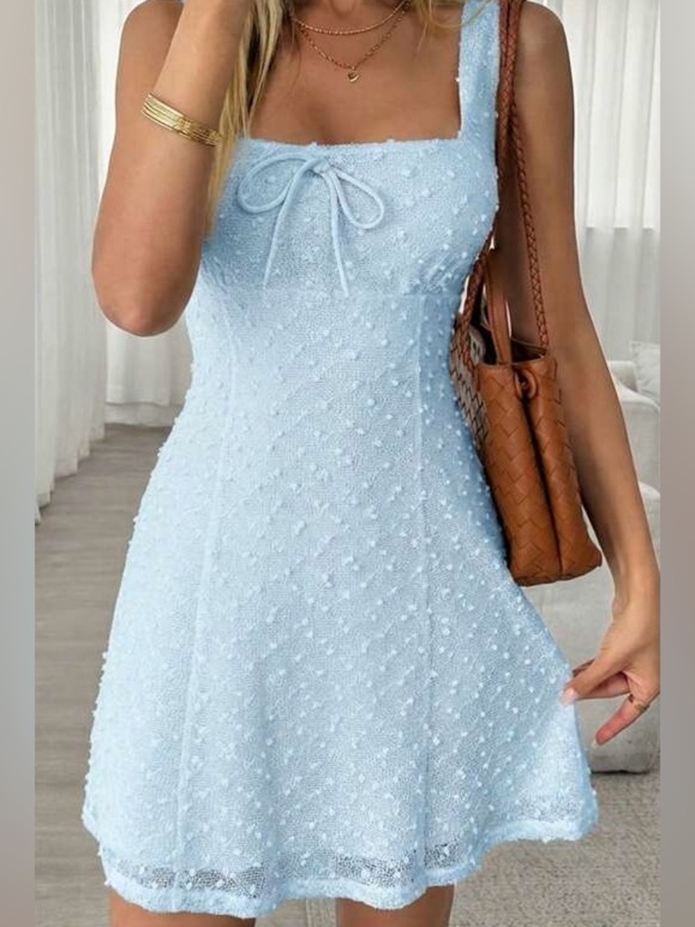 Light Blue Textured Summer Dress with Tie Detail
